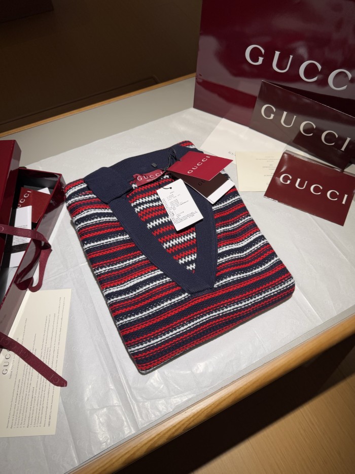 NIGO Gucci Women's Spring/Summer Red and Blue Striped V-neck Knit Short-sleeve Dress #nigo75687