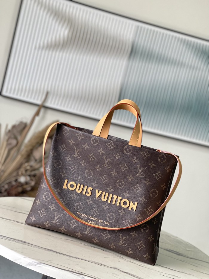NIGO Louis Vuitton Men's Brown Classic Vintage Adjustable Shoulder Strap Embroidered Letter Print Tote Bag - Premium Coated Canvas Leather Bag #nigo75711