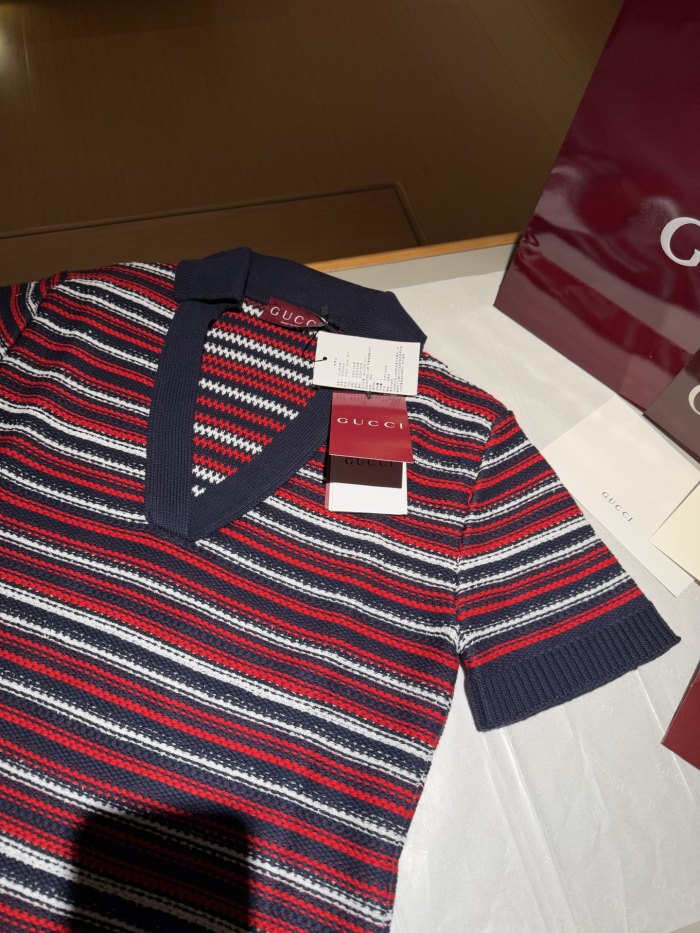NIGO Gucci Women's Spring/Summer Red and Blue Striped V-neck Knit Short-sleeve Dress #nigo75687