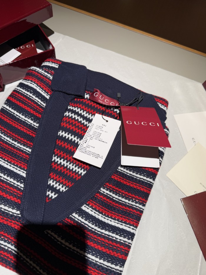 NIGO Gucci Women's Spring/Summer Red and Blue Striped V-neck Knit Short-sleeve Dress #nigo75687