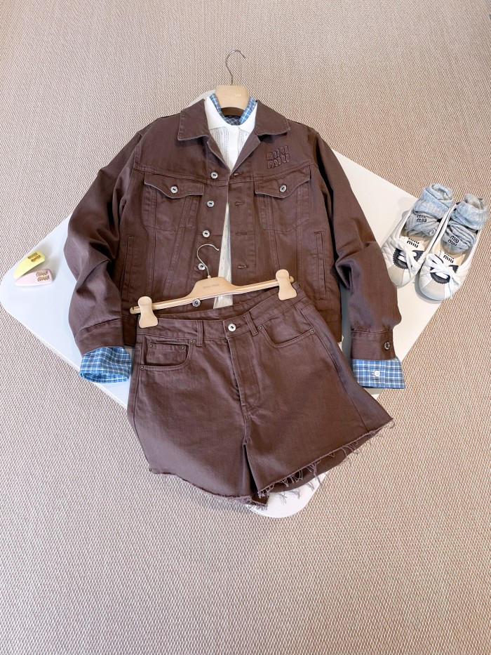 NIGO MiuMiu Women's Spring And Fall Brown Single Breasted Long Sleeved Denim Jacket Short Skirt Suit Set #nigo75718