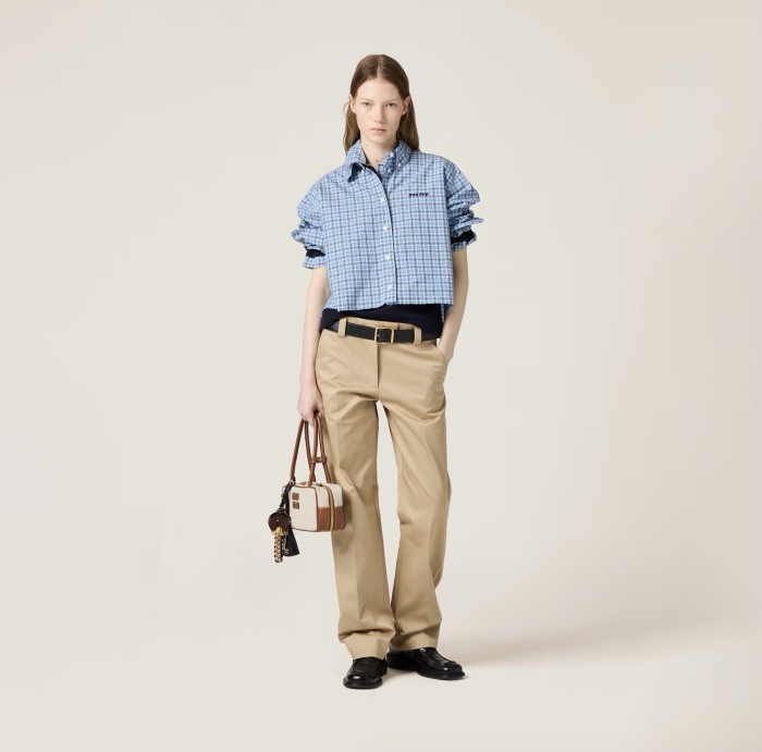 NIGO MiuMiu Women's Spring/Summer Blue Check Embroidered Letter Print Single Breasted Long Sleeve Shirt #nigo75714