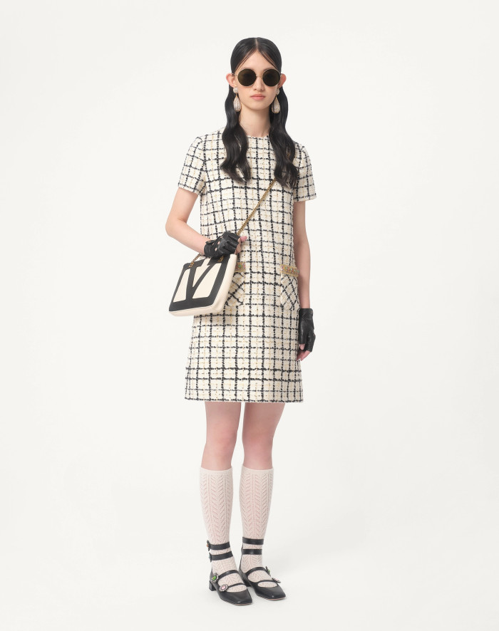 NIGO Valentino Women's Summer Tweed Check Embroidery Short Round Neck Colorblocking Dresses Ngvp #nigo1254
