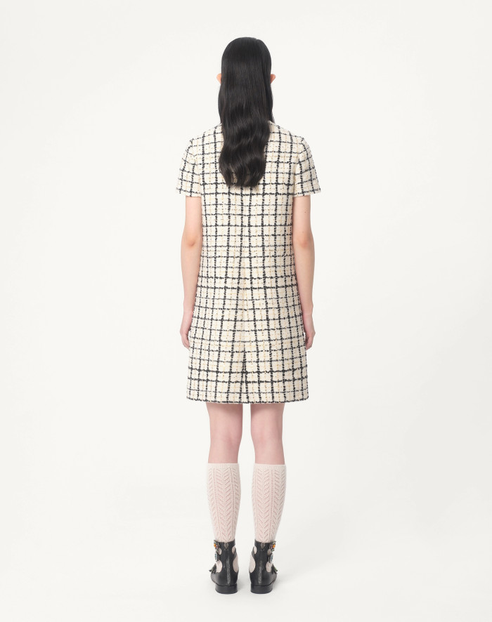 NIGO Valentino Women's Summer Tweed Check Embroidery Short Round Neck Colorblocking Dresses Ngvp #nigo1254