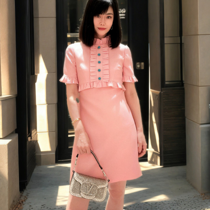 NIGO Valentino Women's Crepe Couture Short Dress Spring And Summer Pink Lace Short Mini Dress Fashionable Temperament Elegant Cute Style Ngvp #nigo1294
