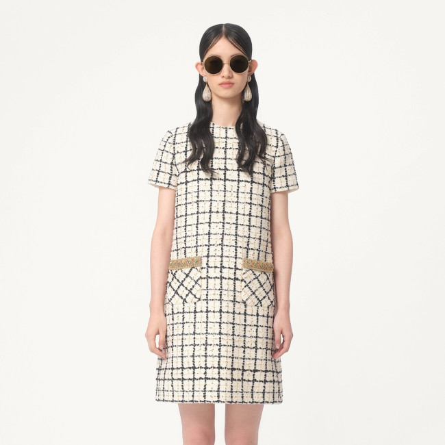 NIGO Valentino Women's Summer Tweed Check Embroidery Short Round Neck Colorblocking Dresses Ngvp #nigo1254