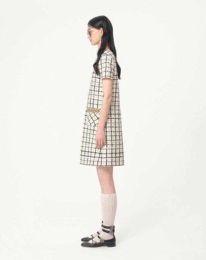 NIGO Valentino Women's Summer Tweed Check Embroidery Short Round Neck Colorblocking Dresses Ngvp #nigo1254
