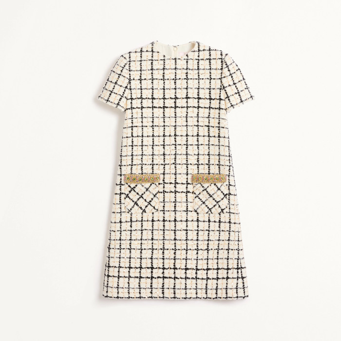 NIGO Valentino Women's Summer Tweed Check Embroidery Short Round Neck Colorblocking Dresses Ngvp #nigo1254