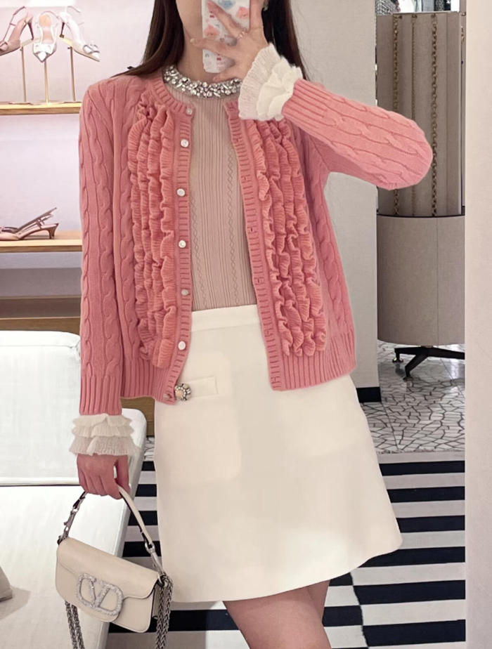 NIGO Valentino Women's Spring, Autumn And Winter V-Neck Ruffled Solid Color Knitted Sweater Long-Sleeved Cardigan Ngvp #nigo1256