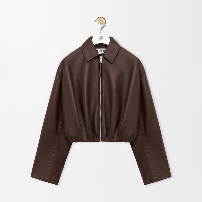 NIGO Loewe Women's Spring and Autumn Solid Color Sheepskin Pleated Zipper Long Sleeve Leather Jacket #nigo75785