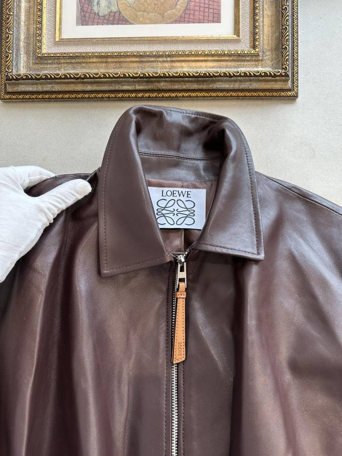 NIGO Loewe Women's Spring and Autumn Solid Color Sheepskin Pleated Zipper Long Sleeve Leather Jacket #nigo75785