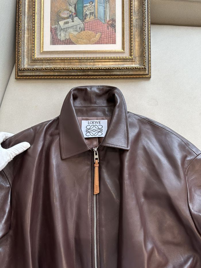 NIGO Loewe Women's Spring and Autumn Solid Color Sheepskin Pleated Zipper Long Sleeve Leather Jacket #nigo75785