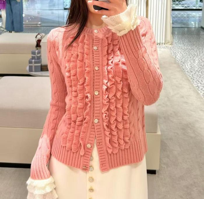 NIGO Valentino Women's Spring, Autumn And Winter V-Neck Ruffled Solid Color Knitted Sweater Long-Sleeved Cardigan Ngvp #nigo1256