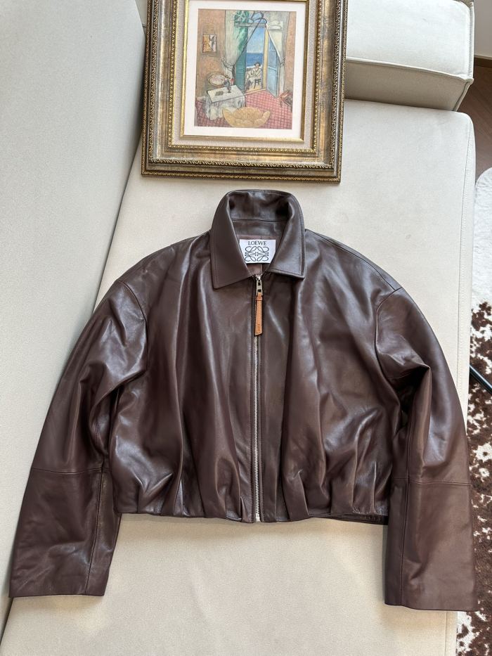 NIGO Loewe Women's Spring and Autumn Solid Color Sheepskin Pleated Zipper Long Sleeve Leather Jacket #nigo75785