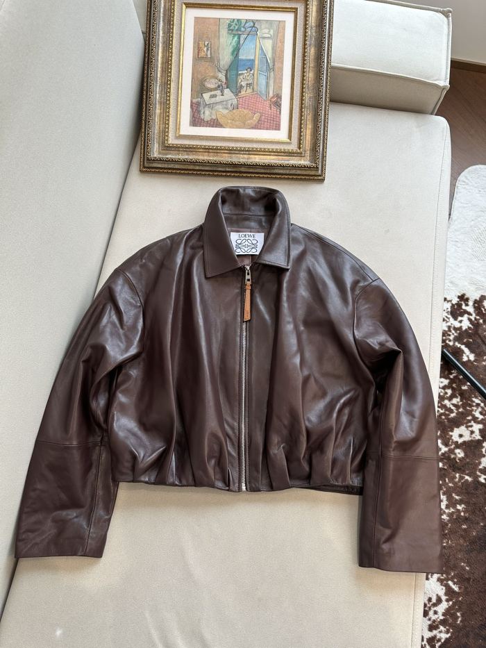 NIGO Loewe Women's Spring and Autumn Solid Color Sheepskin Pleated Zipper Long Sleeve Leather Jacket #nigo75785