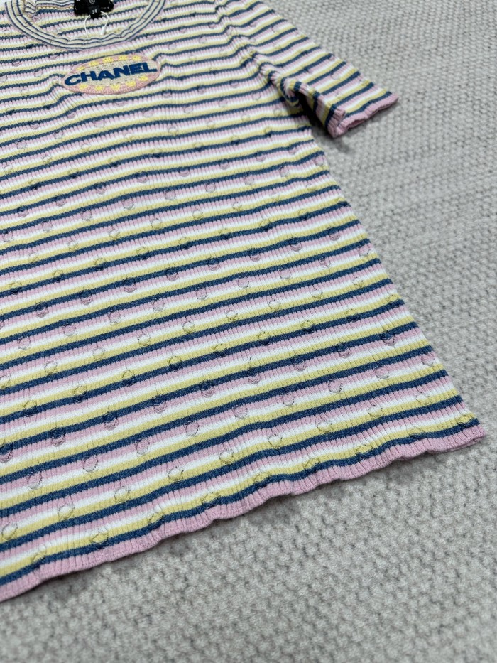 NIGO Chanel Women's Spring/Summer Letter Printed Striped Round Neck Short Sleeve Knit Sweater T-Shirt #nigo75782