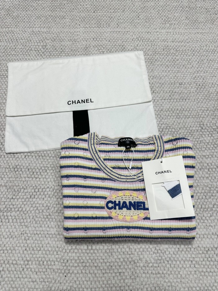NIGO Chanel Women's Spring/Summer Letter Printed Striped Round Neck Short Sleeve Knit Sweater T-Shirt #nigo75782