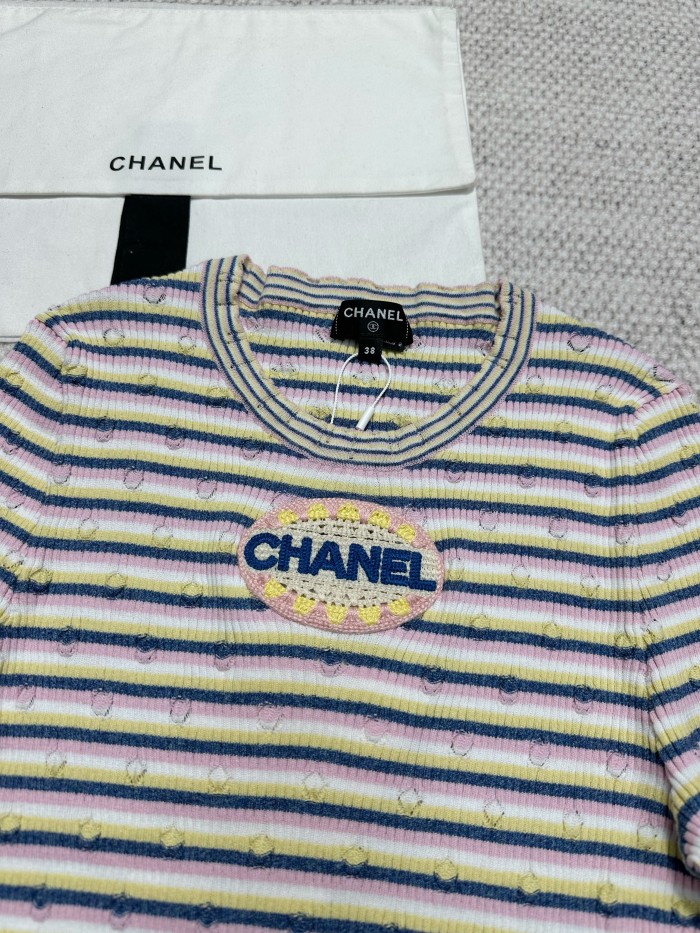 NIGO Chanel Women's Spring/Summer Letter Printed Striped Round Neck Short Sleeve Knit Sweater T-Shirt #nigo75782