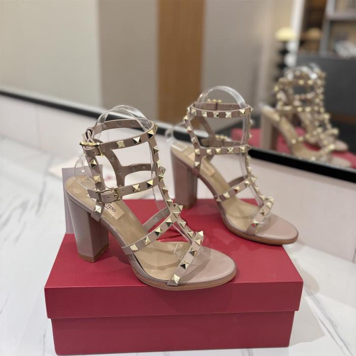 NIGO Valentino Women's Summer Solid Color Rivet Buckle 9cm Square Heel Sheepskin High Heels Shoes #nigo75829