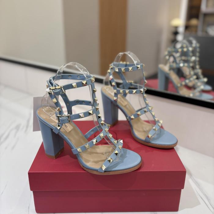 NIGO Valentino Women's Summer Solid Color Rivet Buckle 9cm Square Heel Sheepskin High Heels Shoes #nigo75829
