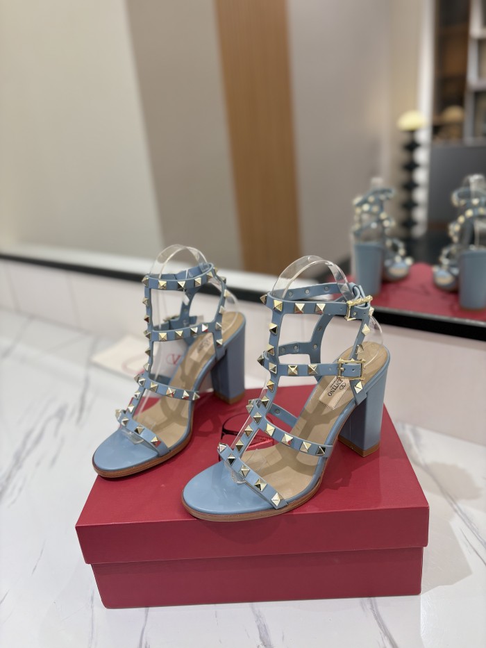 NIGO Valentino Women's Summer Solid Color Rivet Buckle 9cm Square Heel Sheepskin High Heels Shoes #nigo75829