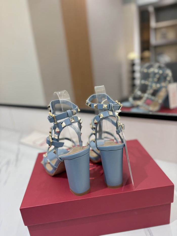 NIGO Valentino Women's Summer Solid Color Rivet Buckle 9cm Square Heel Sheepskin High Heels Shoes #nigo75829