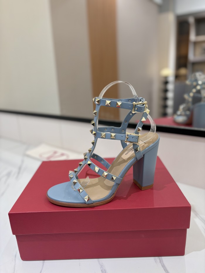 NIGO Valentino Women's Summer Solid Color Rivet Buckle 9cm Square Heel Sheepskin High Heels Shoes #nigo75829