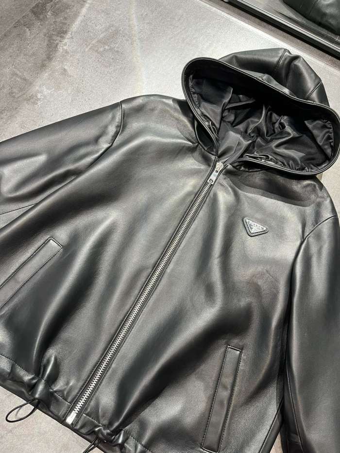NIGO Prada Women's Spring and Autumn Solid Color Leather Hooded Zipper Long Sleeve Jacket #nigo75832
