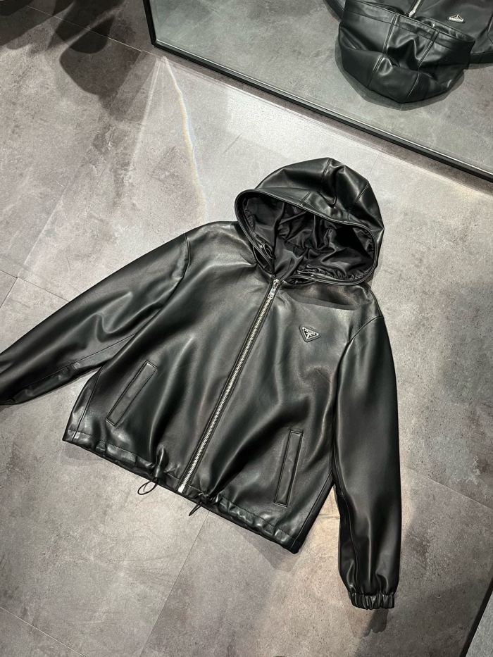 NIGO Prada Women's Spring and Autumn Solid Color Leather Hooded Zipper Long Sleeve Jacket #nigo75832
