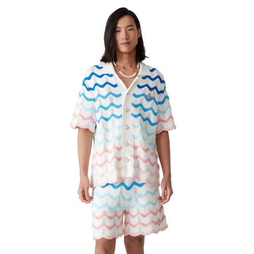 NIGO Casablanca Men's And Women's Summer Gradient Wave Print V-neck Single Breasted Knit Short Sleeved Shirt Casual Knit Shorts Suit Set #nigo75833