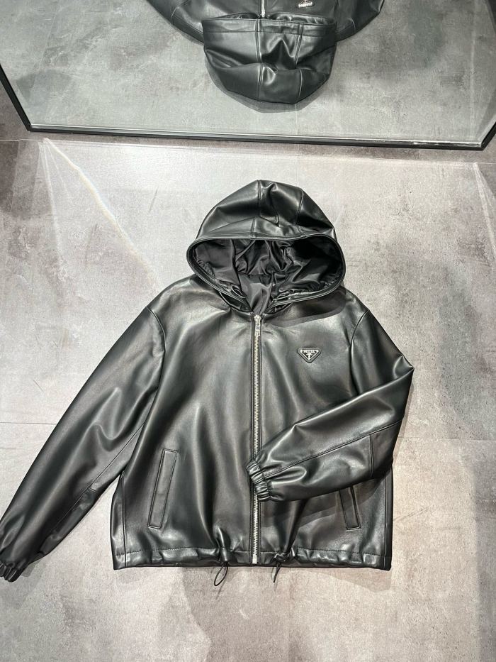 NIGO Prada Women's Spring and Autumn Solid Color Leather Hooded Zipper Long Sleeve Jacket #nigo75832