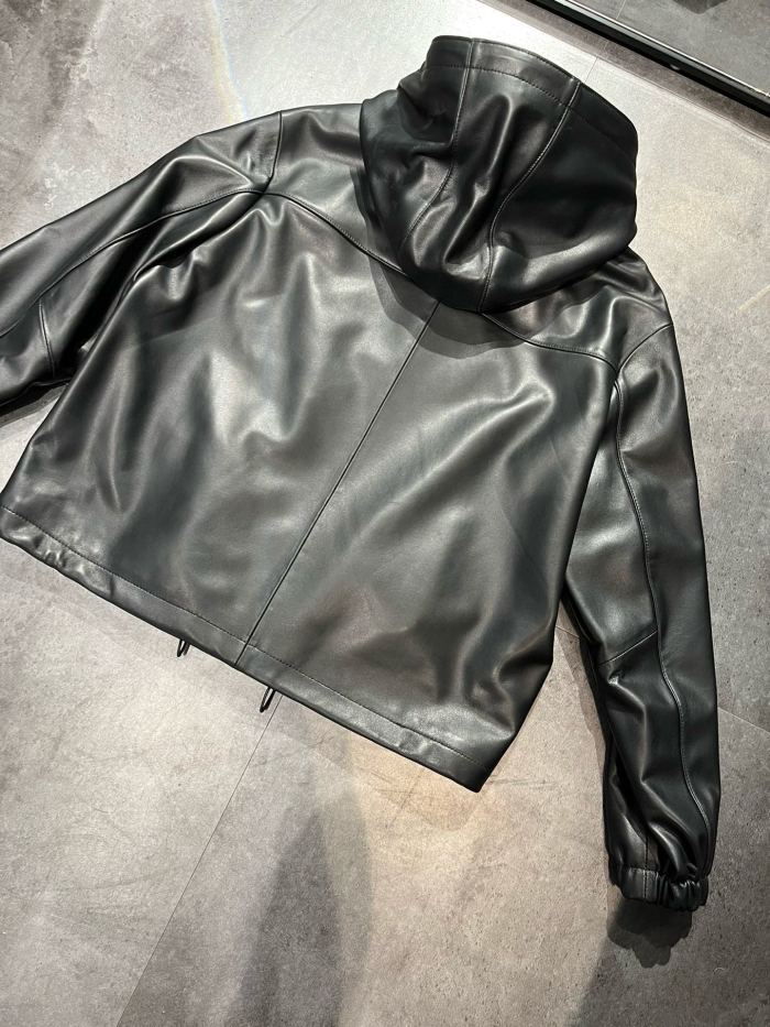 NIGO Prada Women's Spring and Autumn Solid Color Leather Hooded Zipper Long Sleeve Jacket #nigo75832