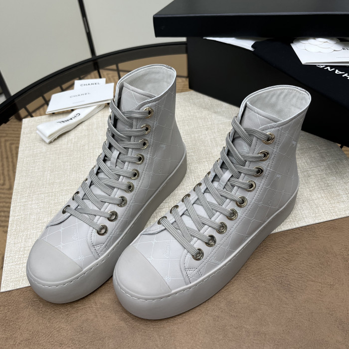 NIGO Chanel Women's Four Seasons Solid Color Diamond Check Print Round Toe Lace Up Shoes Boots #nigo75862