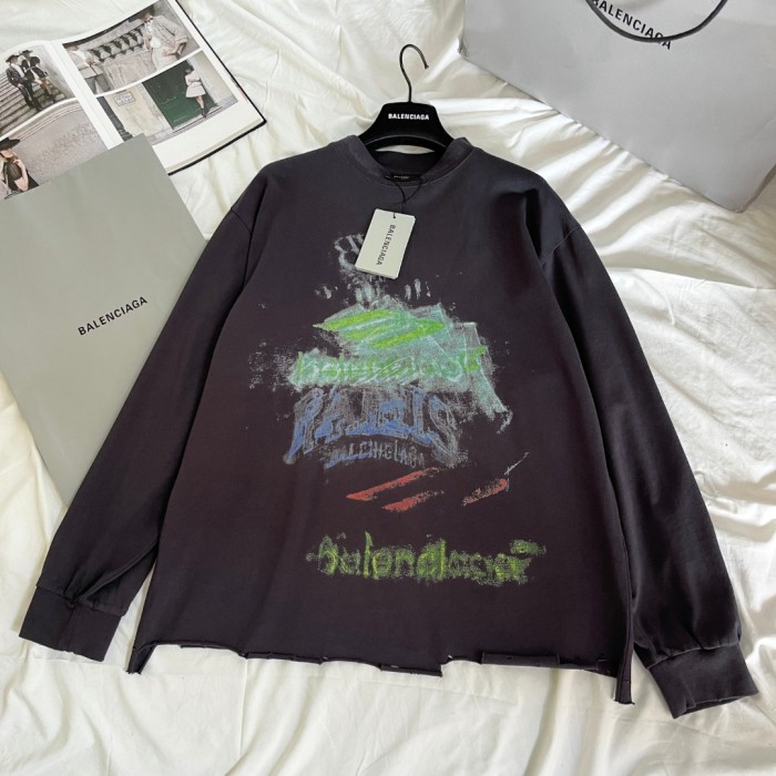 NIGO Balenciaga Women's And Men’s Summer Solid Color Cotton Graffiti Printed Brushed Regular Fit Round Neck Long Sleeve T-Shirt #nigo75931