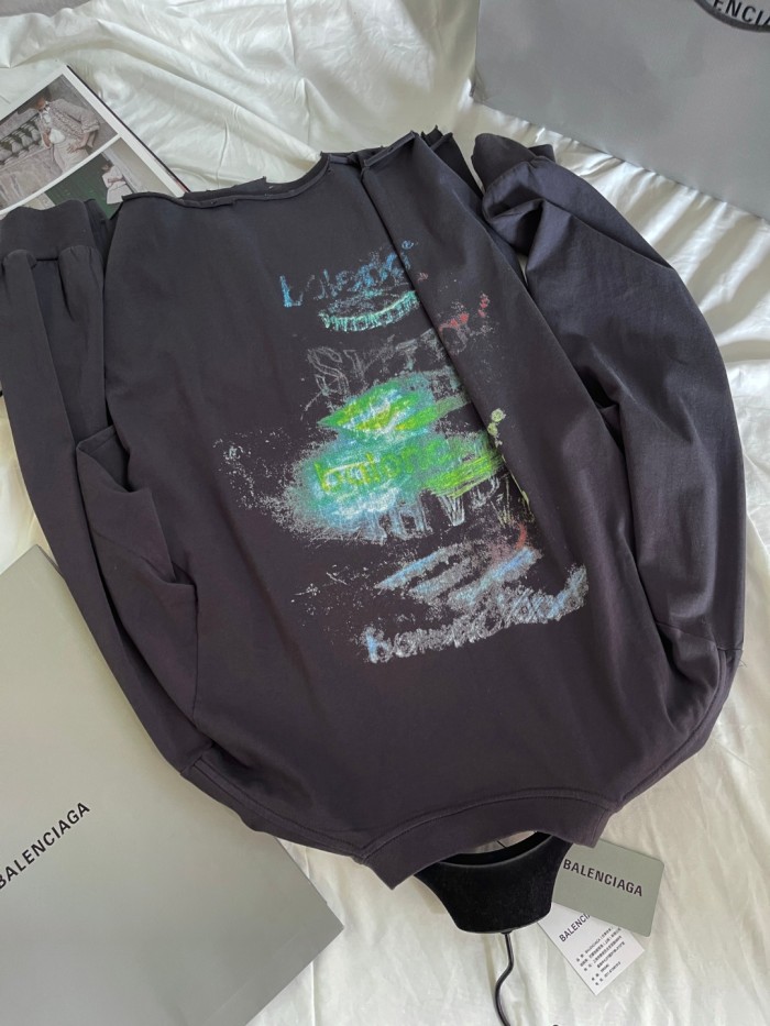 NIGO Balenciaga Women's And Men’s Summer Solid Color Cotton Graffiti Printed Brushed Regular Fit Round Neck Long Sleeve T-Shirt #nigo75931