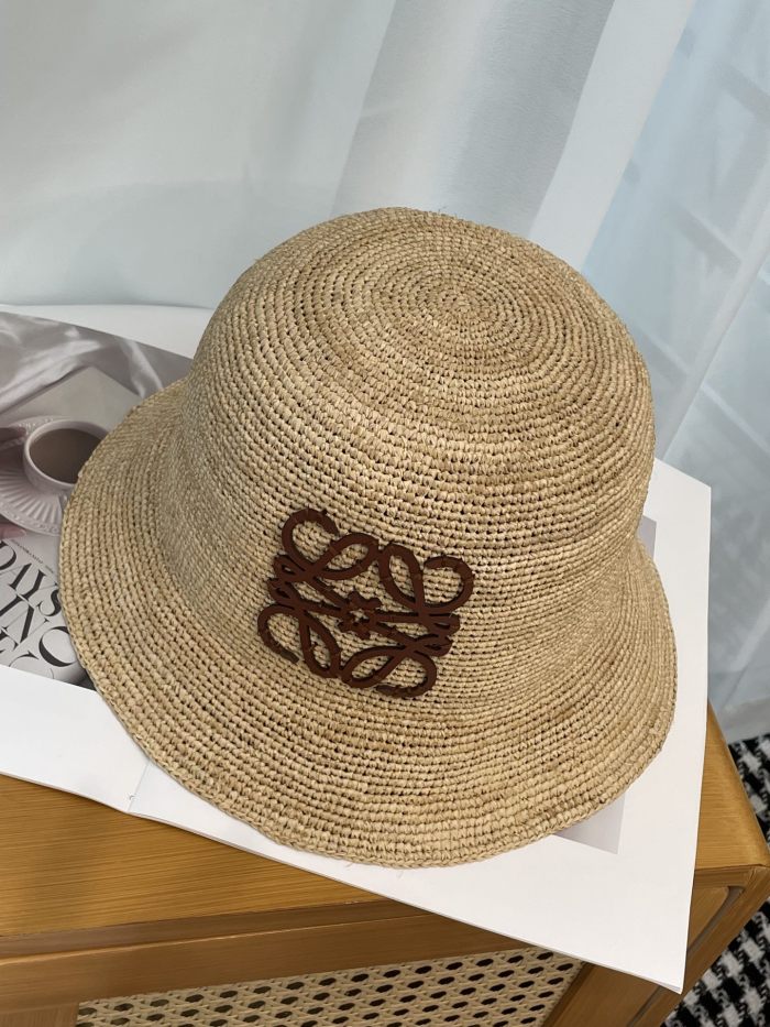 NIGO Loewe Women's Khaki Raffia And Cowhide Bucket Hat Flat Cap Large Brim Hat #nigo75956
