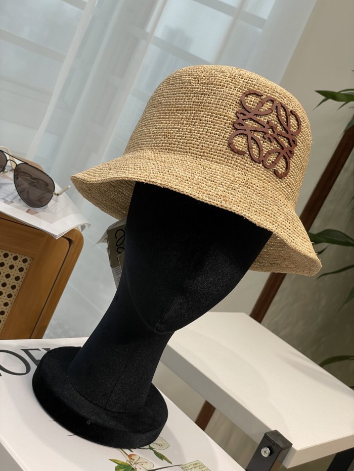 NIGO Loewe Women's Khaki Raffia And Cowhide Bucket Hat Flat Cap Large Brim Hat #nigo75956