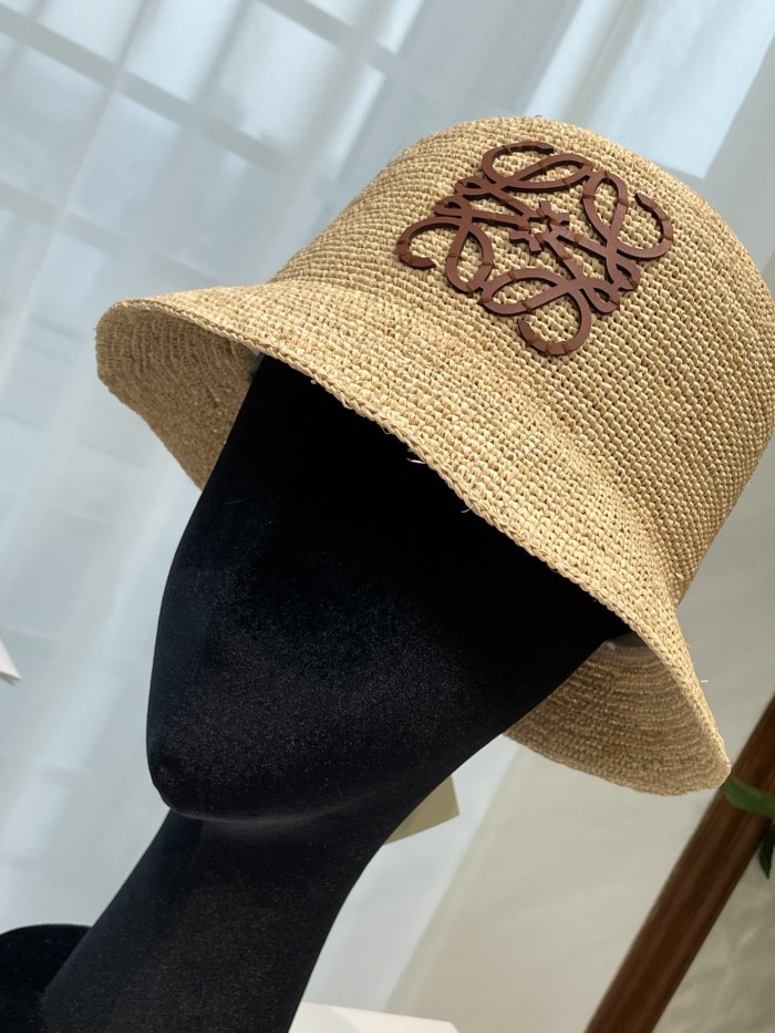 NIGO Loewe Women's Khaki Raffia And Cowhide Bucket Hat Flat Cap Large Brim Hat #nigo75956