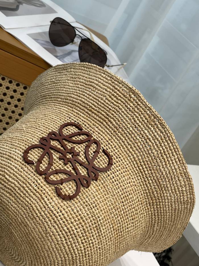 NIGO Loewe Women's Khaki Raffia And Cowhide Bucket Hat Flat Cap Large Brim Hat #nigo75956