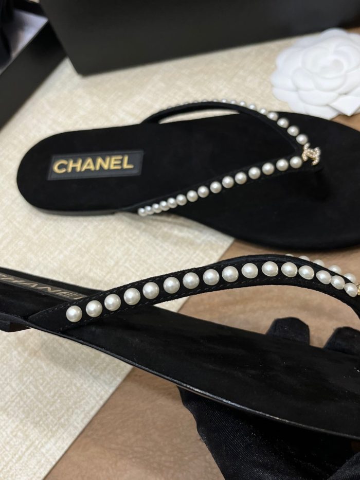 NIGO Chanel Women's Summer Round Toe Clip Toe Pearl Decoration Thong Slippers Sandals Shoes #nigo75972