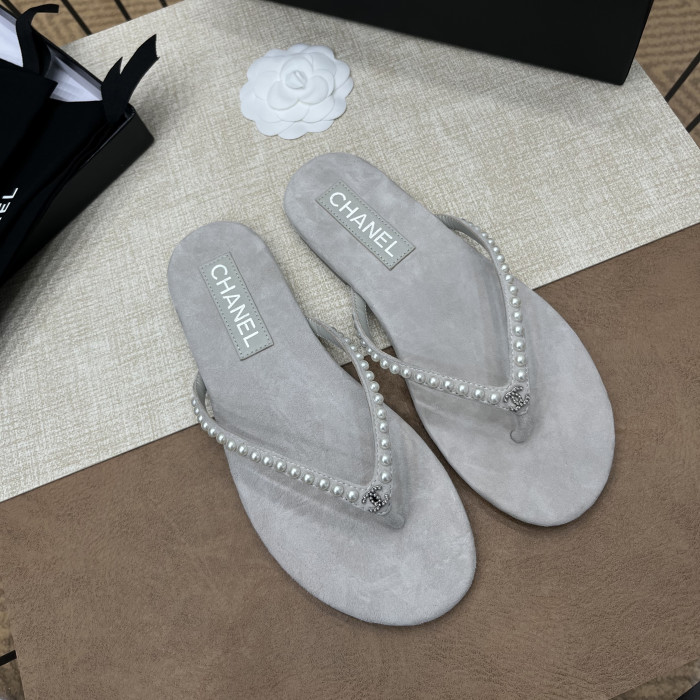 NIGO Chanel Women's Summer Round Toe Clip Toe Pearl Decoration Thong Slippers Sandals Shoes #nigo75972