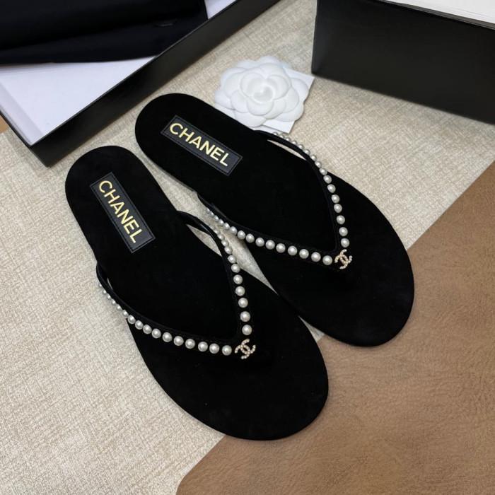 NIGO Chanel Women's Summer Round Toe Clip Toe Pearl Decoration Thong Slippers Sandals Shoes #nigo75972