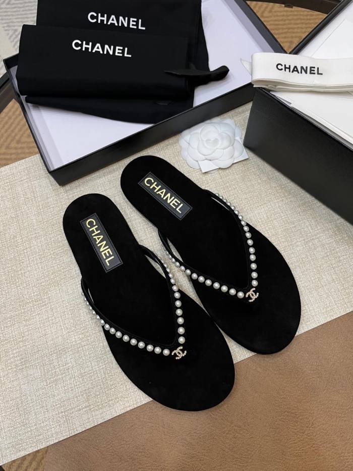 NIGO Chanel Women's Summer Round Toe Clip Toe Pearl Decoration Thong Slippers Sandals Shoes #nigo75972