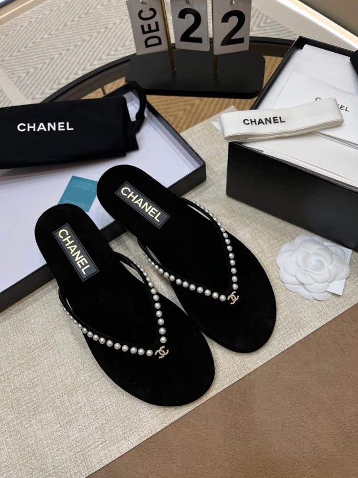 NIGO Chanel Women's Summer Round Toe Clip Toe Pearl Decoration Thong Slippers Sandals Shoes #nigo75972