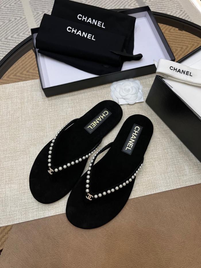 NIGO Chanel Women's Summer Round Toe Clip Toe Pearl Decoration Thong Slippers Sandals Shoes #nigo75972