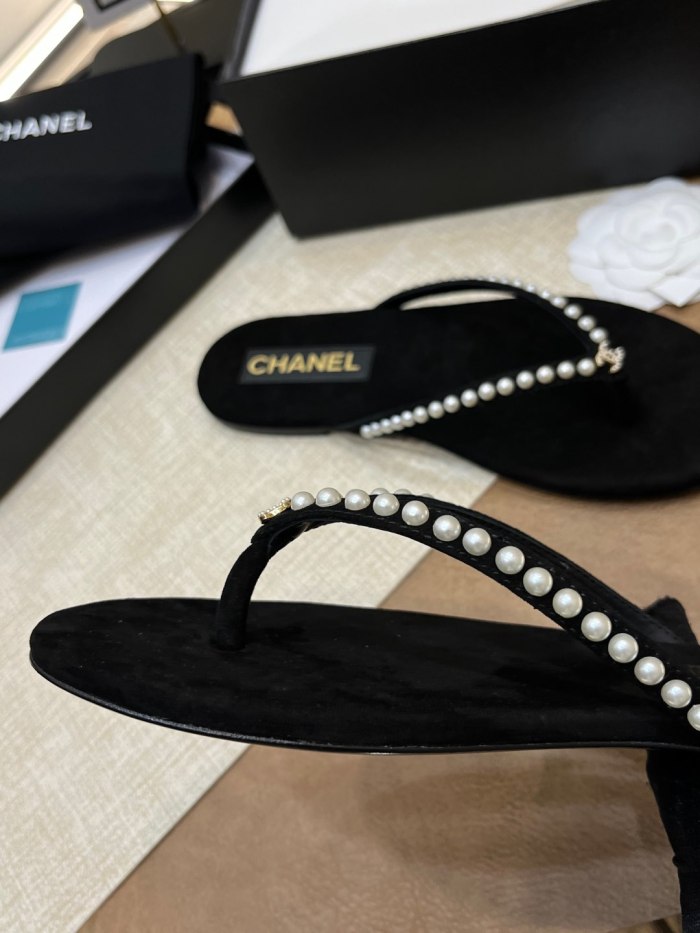 NIGO Chanel Women's Summer Round Toe Clip Toe Pearl Decoration Thong Slippers Sandals Shoes #nigo75972