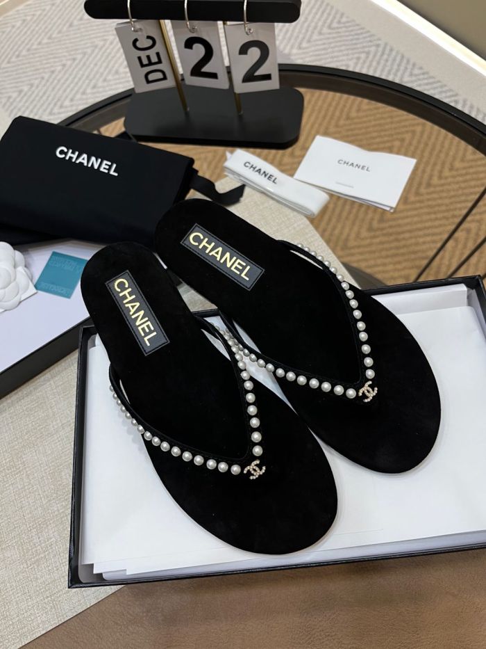 NIGO Chanel Women's Summer Round Toe Clip Toe Pearl Decoration Thong Slippers Sandals Shoes #nigo75972