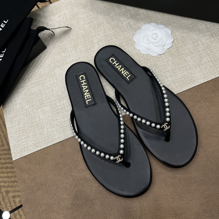 NIGO Chanel Women's Summer Round Toe Clip Toe Pearl Decoration Thong Slippers Sandals Shoes #nigo75972