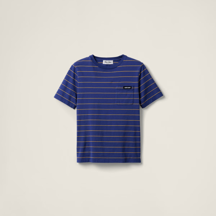 NIGO MiuMiu Women's Color Blocking Striped Logo Summer Round Neck Solid Color Knit Short Sleeve Jersey T-shirt #nigo76113
