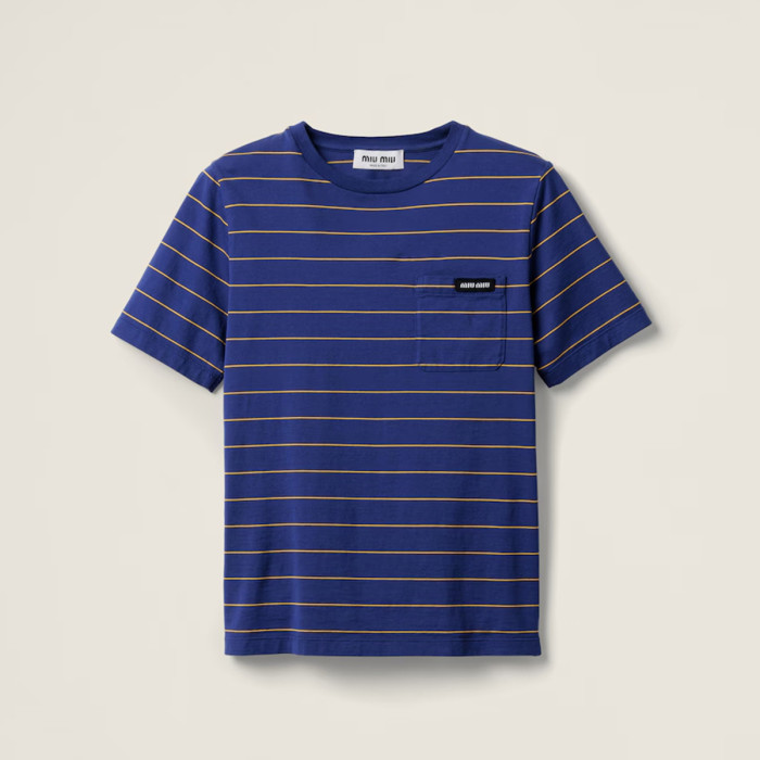 NIGO MiuMiu Women's Color Blocking Striped Logo Summer Round Neck Solid Color Knit Short Sleeve Jersey T-shirt #nigo76113